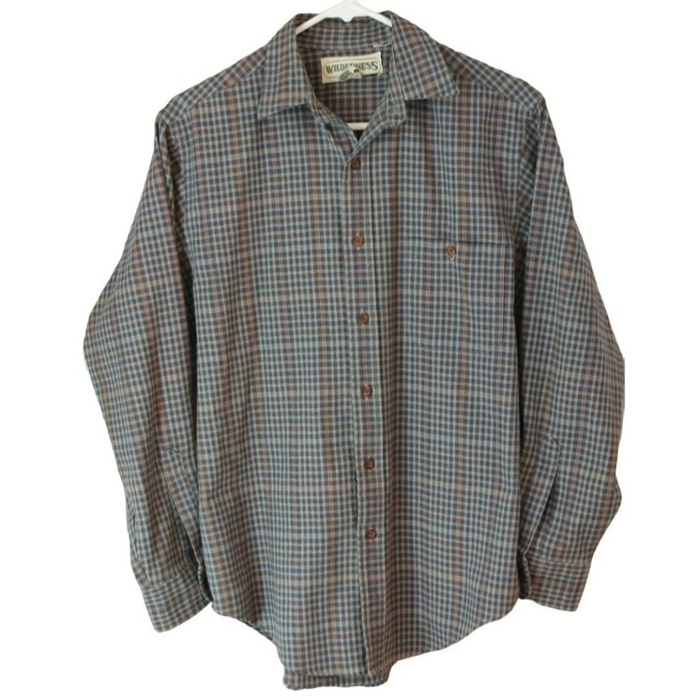 Wilderness Plaid Shirt mens Large Gray Heavy Long Sleeve Button Up 100% Cotton